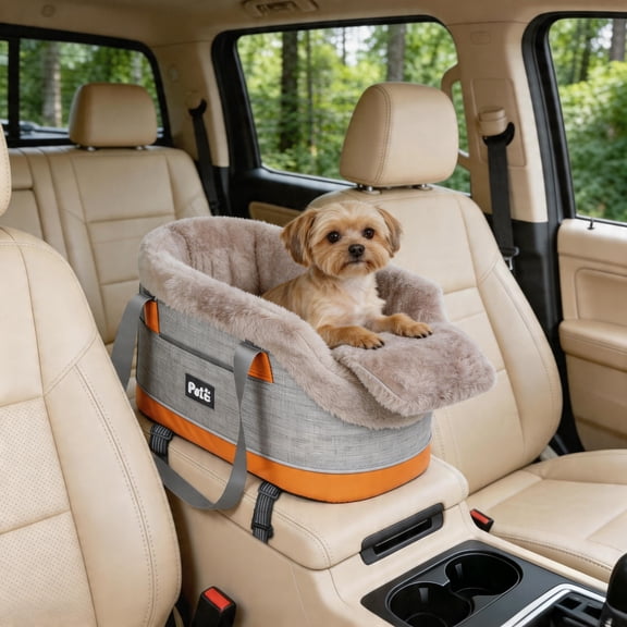 Center Console Dog/Cat Car Seat, Stable Pet Bed with 2 Anchor Straps & Driver's View for Small Dogs/Cats, 3-in-1 Small Dog Car Seat with Safety Lock & Non-Slip Base (Khaki)