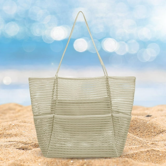Bolsa de asas de playa de malla Bolsa de almacenamiento Juguete ños Gran capacidad Cosmética Bolsa de hombro multifunción Bolso para vacaciones blanco Salvador Bolso de playa