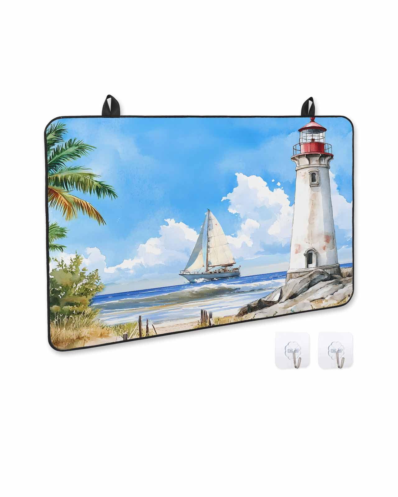 nqOlkjepod Large Induction Cooktop Protector Mat 36"x21", Summer Beach Stove Top Covers for Electric Stove, Retro Lighthouse Sailing Nautical Stove Burner Cover Mats, Glass Top Stove Cover