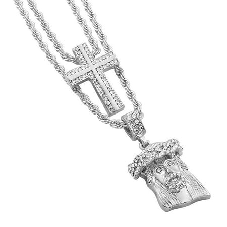 Jesus Piece Pendants Silver-Tone Men's Iced Out Hip Hop Bling 2 Piece Pendant Two Cross and Cuban Jesus 4mm Rope Chain Set ()