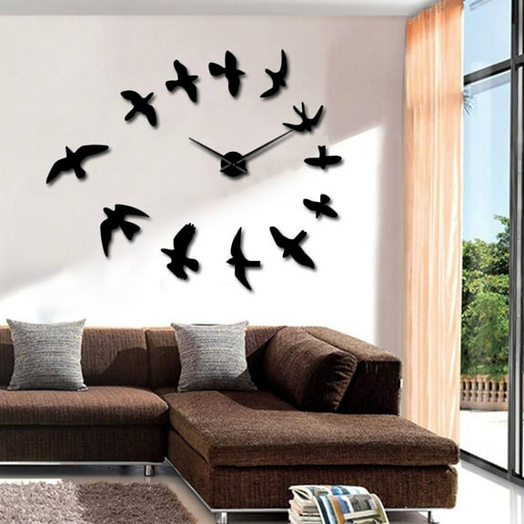 Decorative Mirror Wall Clocks Flying Birds Wall Clock Modern Design Luxury Frameless DIY Large Clock Wall Watch Nature Room Decor(Black,27inch)
