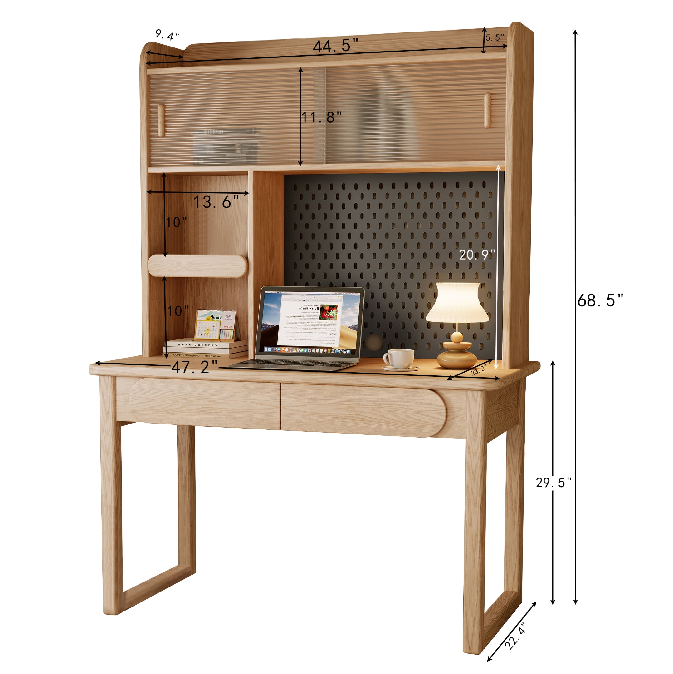 BALANBO Modern Wooden Kids Desk with Hutch and Bookshelf, Nature, Wood of Ash