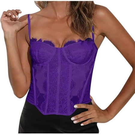 Yyeselk Women s Push Up Floral Lace Mesh Corset Bodysuit Lace Embroidered Overbust Bustiers Sexy Spaghetti Strap Cami Crop Tops Purple S