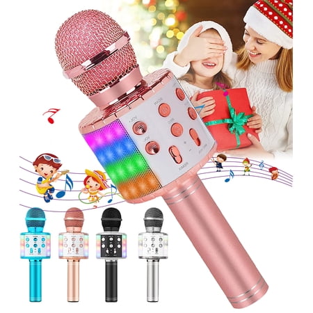 Wireless Bluetooth Microphone  4 in 1 Handheld Karaoke Microphone with LED Lights for Kids Adults  Children Singing Toys for Home Party Birthday KTV Christmas Festival Gift (Rose Gold)