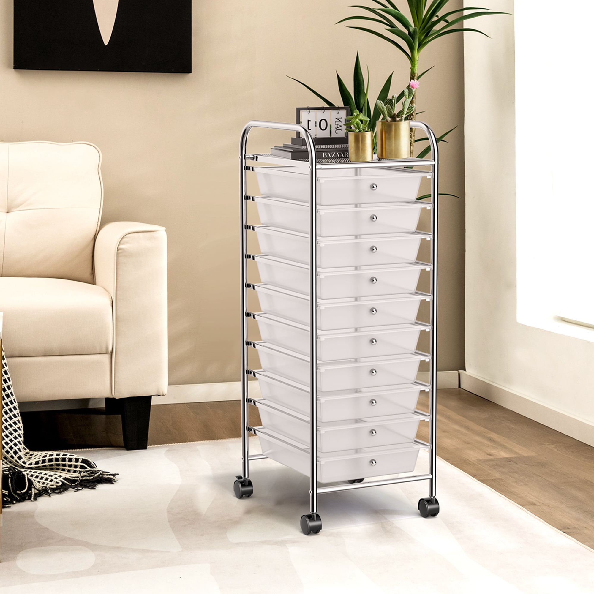 Costway 10 Drawer Rolling Storage Cart Scrapbook Paper Office School Organizer Clear