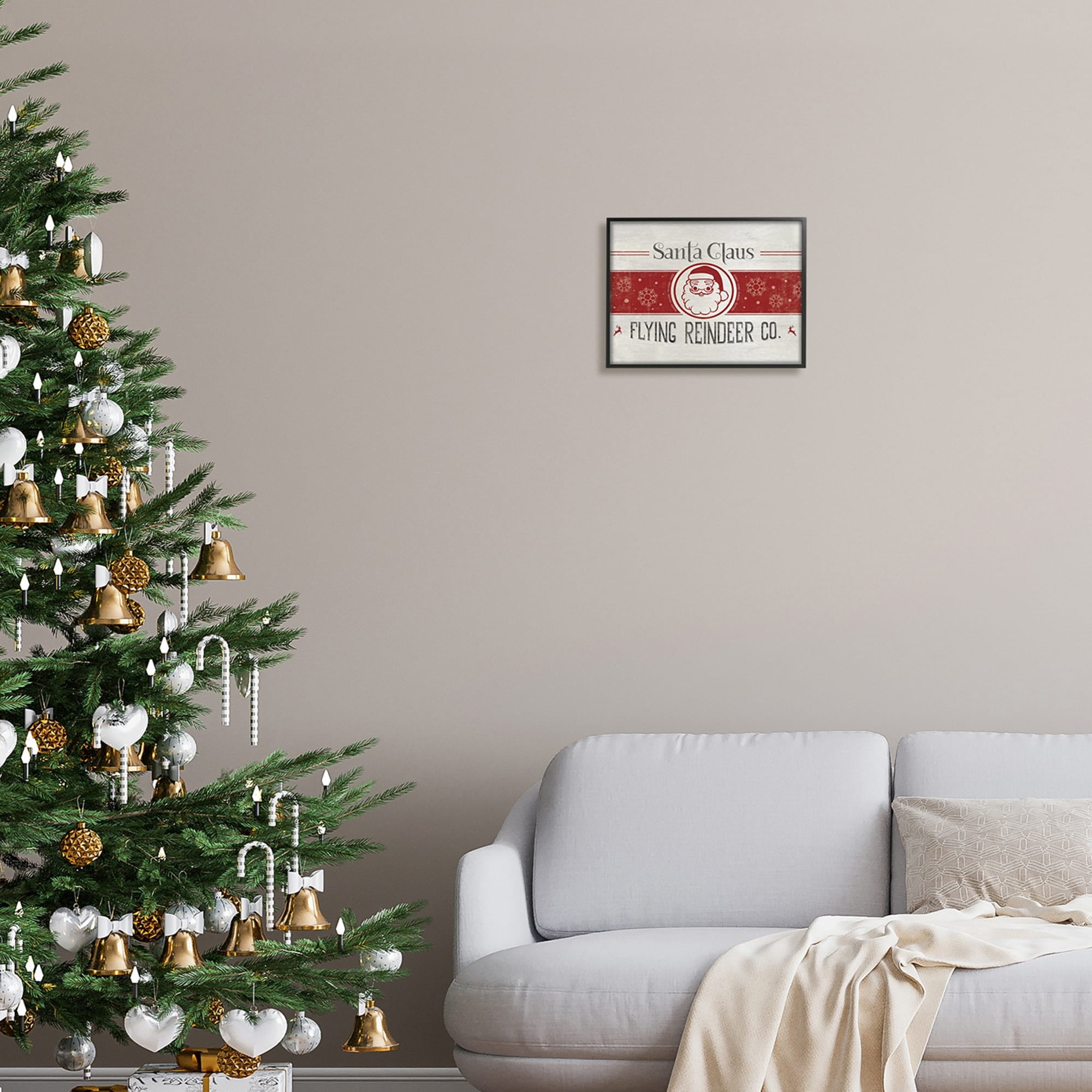 Playful Santa Claus Sign Red Striped Snowflake Design Holiday Graphic Art Framed Art Print Wall Art
