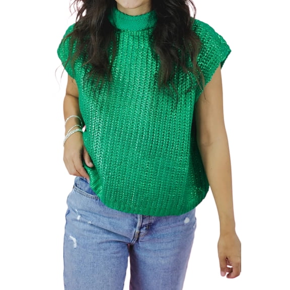 Women's Bright Green High Neck Short Sleeve Sweater – Casual Summer Essential, XL