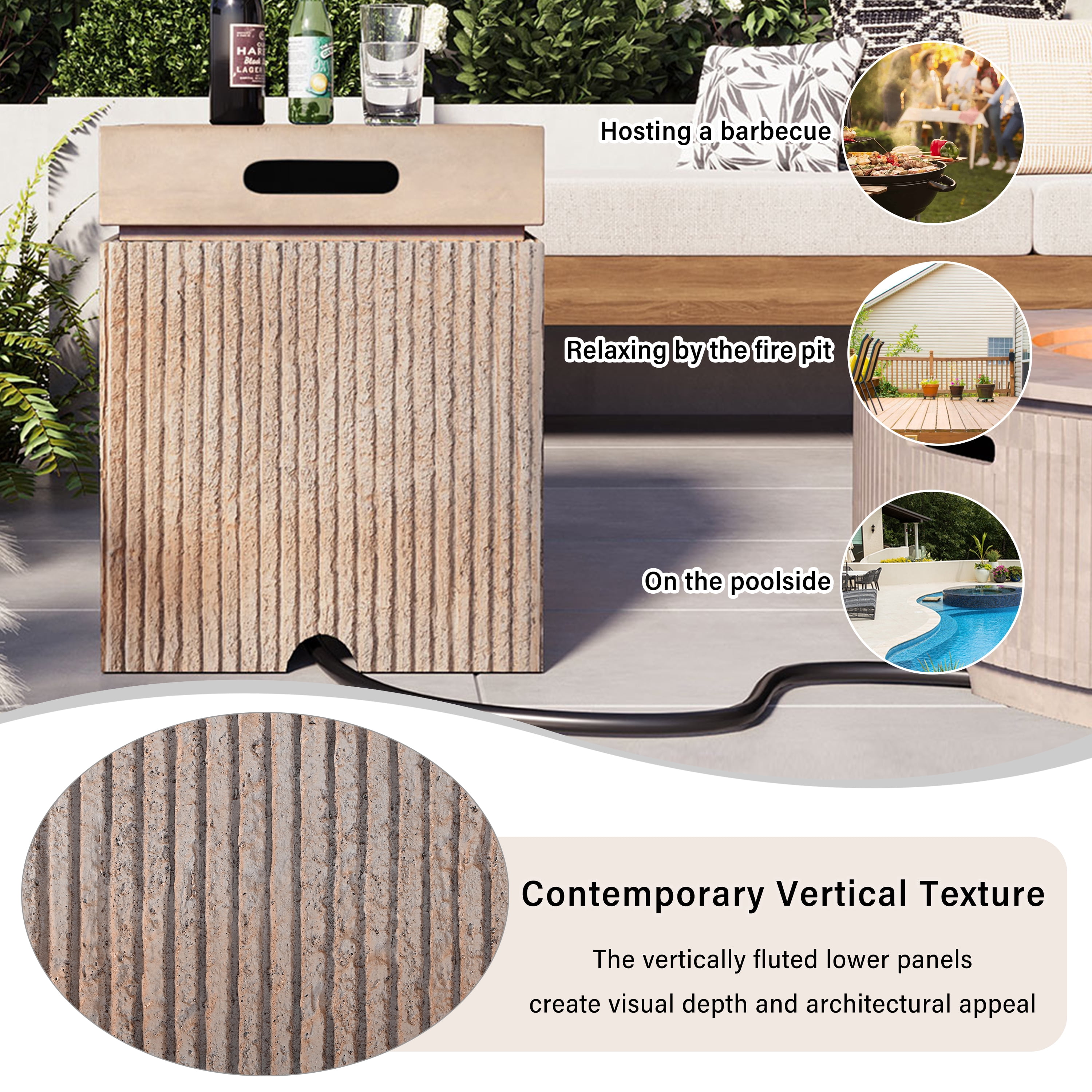Mintazer 15.75" Outdoor Propane Tank Cover Table with Side Handles & Protective Cover, Side Table with Vertical Fluted Texture for Fire Pit Patio Backyard, No Assembly Needed, Reddish Brown