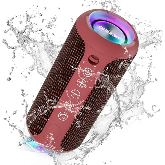 Wireless Portable Speaker,IPX7 Waterproof Bluetooth Speaker, 24W Loud Stereo Sound, Bassboom Technology, TWS Pairing, Built-in Mic, 30H Playtime with Lights for Home Outdoor - Red