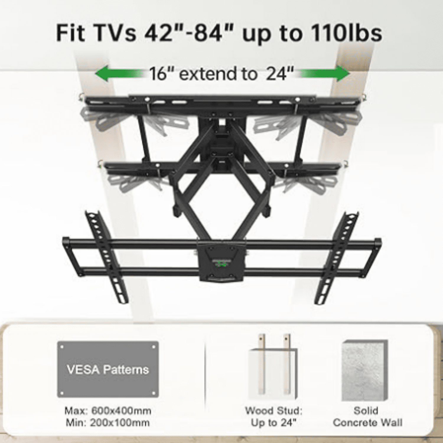 Full Motion TV Wall Mount 42"-84" TVS, Fits 16" 18" or 24" Studs, Heavy Duty TV Mounts Bracket with Dual Articulating Arms Tilt Swivel Extension Max VESA 600x400mm, Weight Capacity 110lbs