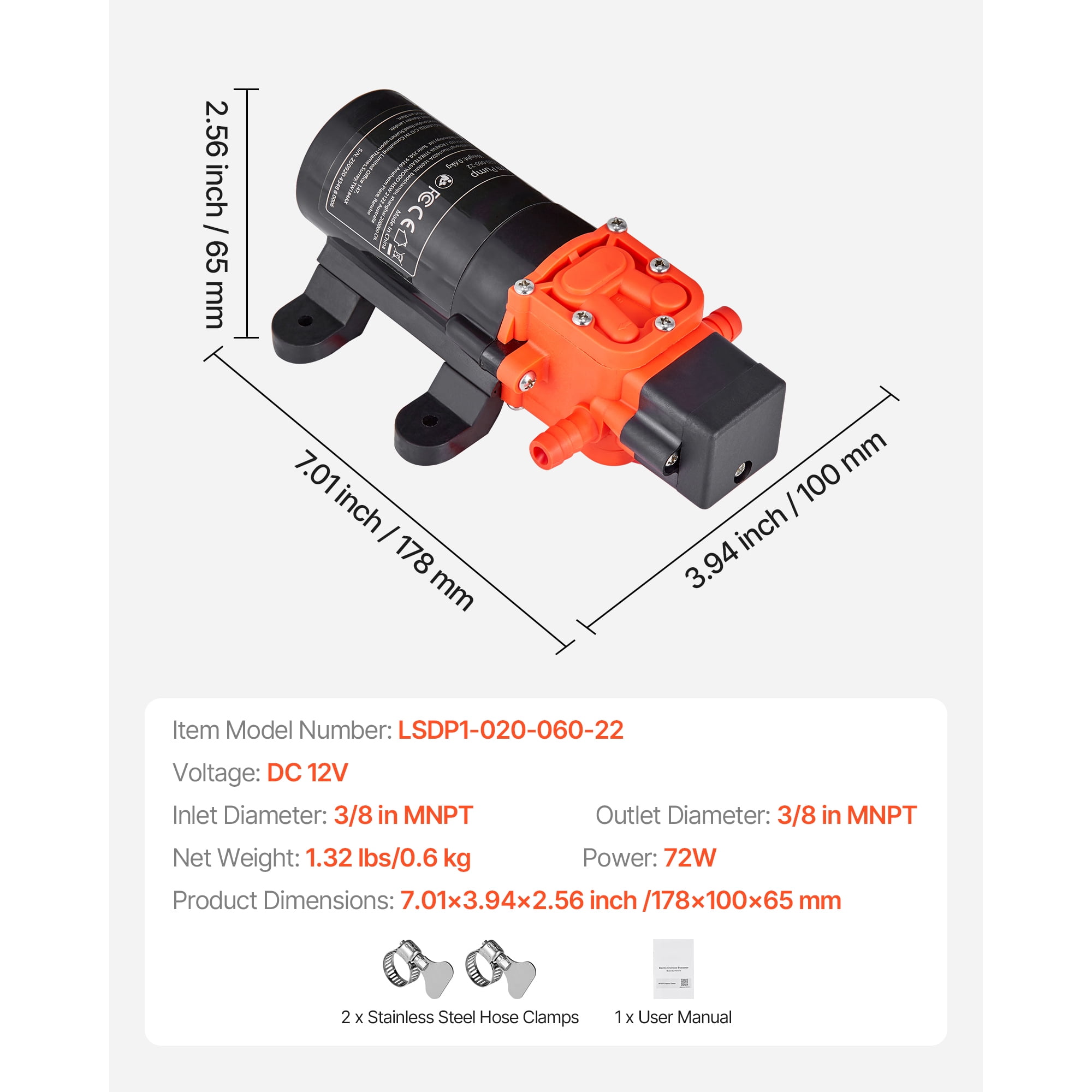 KFFKFF 12V DC Water Pressure Pump, 1.2 GPM (4.5 L/min), 2-Chamber Self-Priming Diaphragm Pump with Hose Clamps, 80 PSI Maximum Pressure, Low-Noise Design, Suitable for RVs, Boats, and Garden Watering