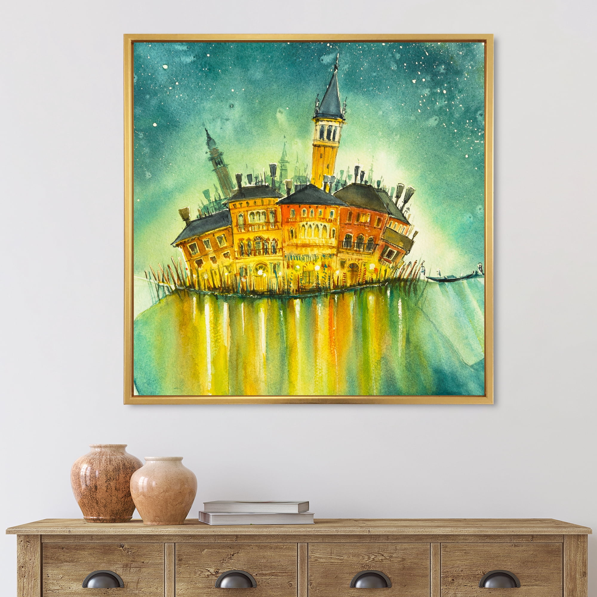 Designart 'Portrait of Idyllic Island of Venice At Night' Modern Framed Canvas Wall Art Print