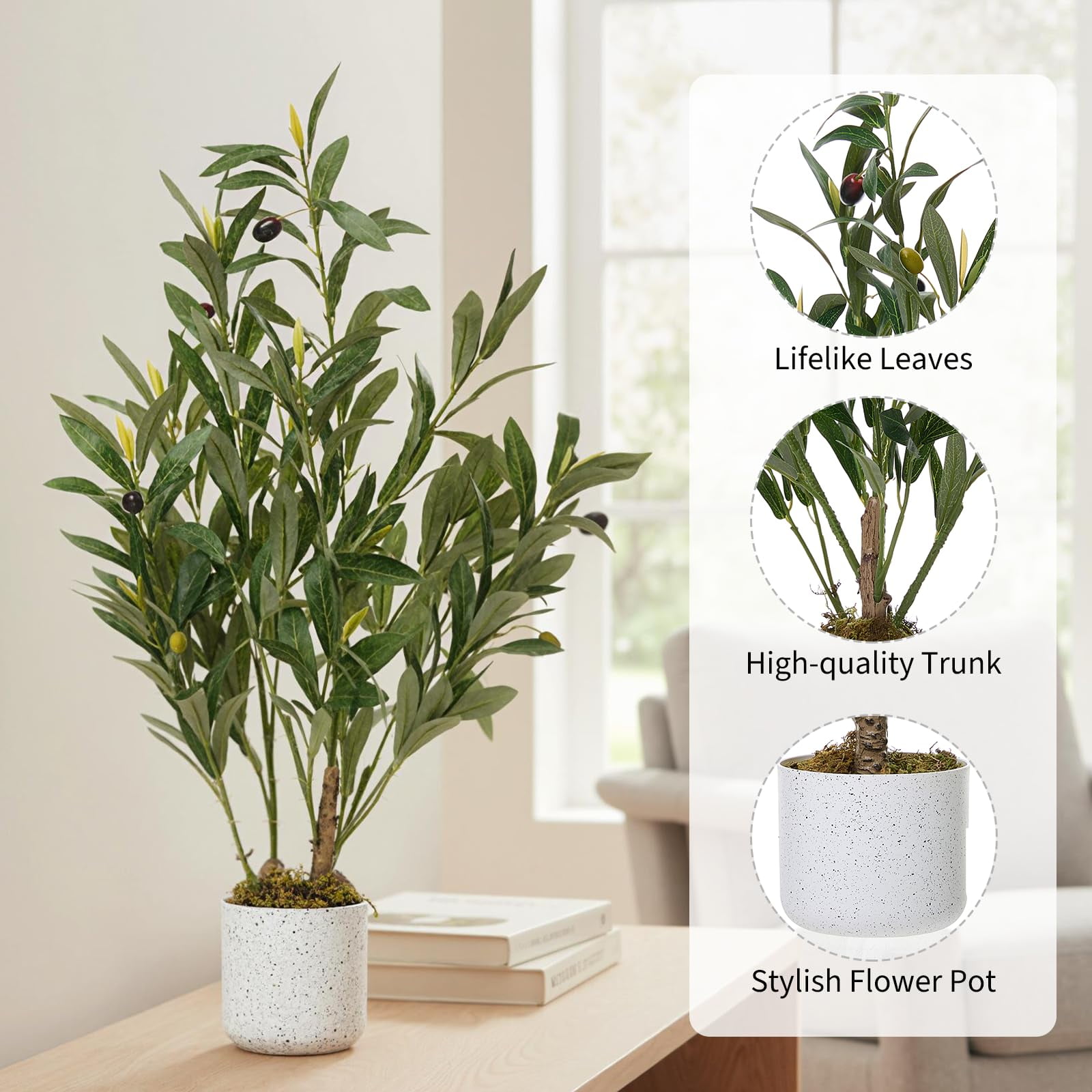 2FT Faux Olive Tree, Artificial Olive Trees with Lifelike Olive Branche and Fruits, Fake Floor Plants with Pot for Indoor Home Office Living Room Outdoor Decor
