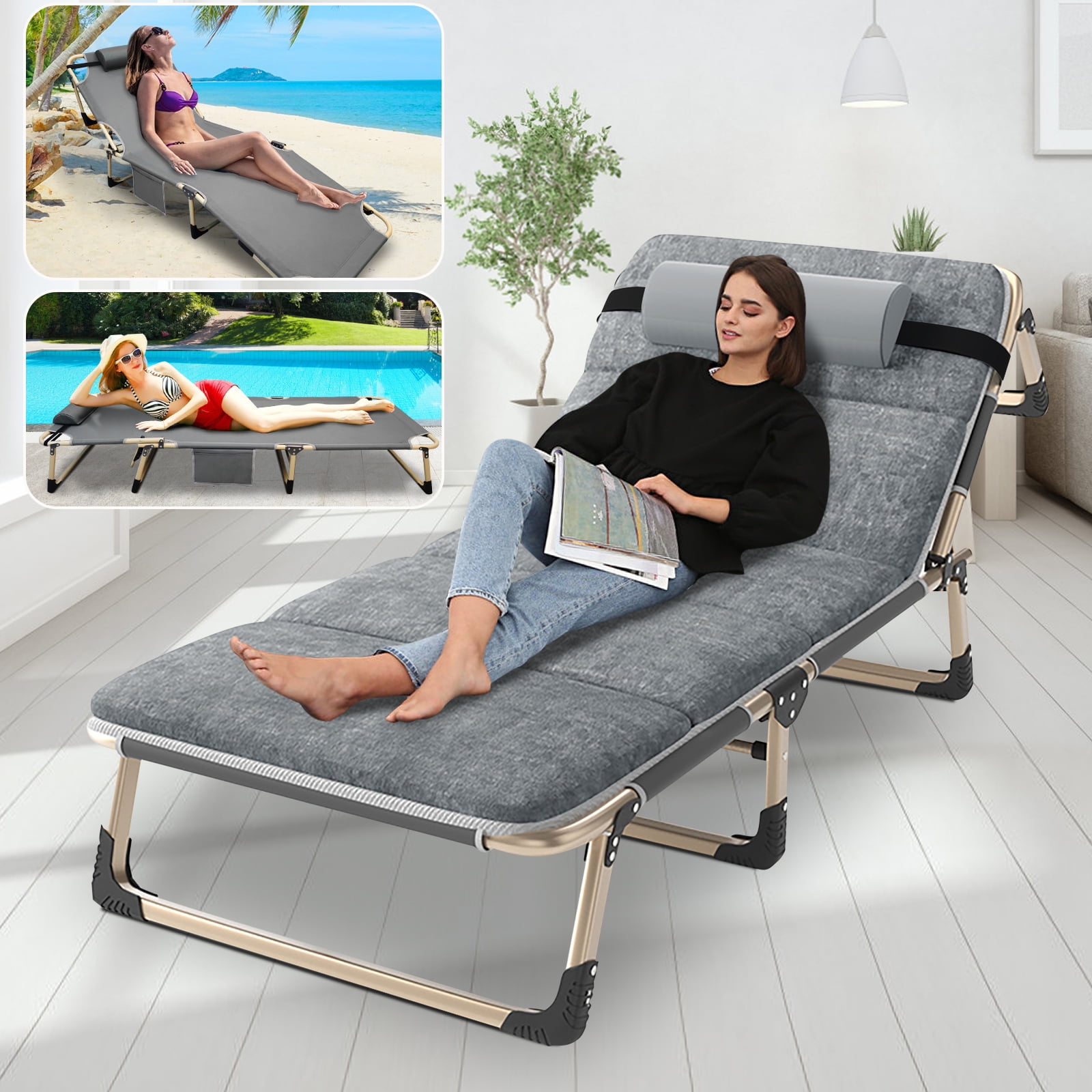 Lilypelle 75" Outdoor Lounge Chair with Cushion，Folding Camping Cot Bed