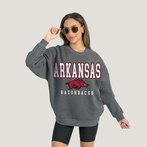 Women's Gameday Couture  Heather Charcoal Arkansas Razorbacks Oversized Distressed Fleece Pullover Sweatshirt