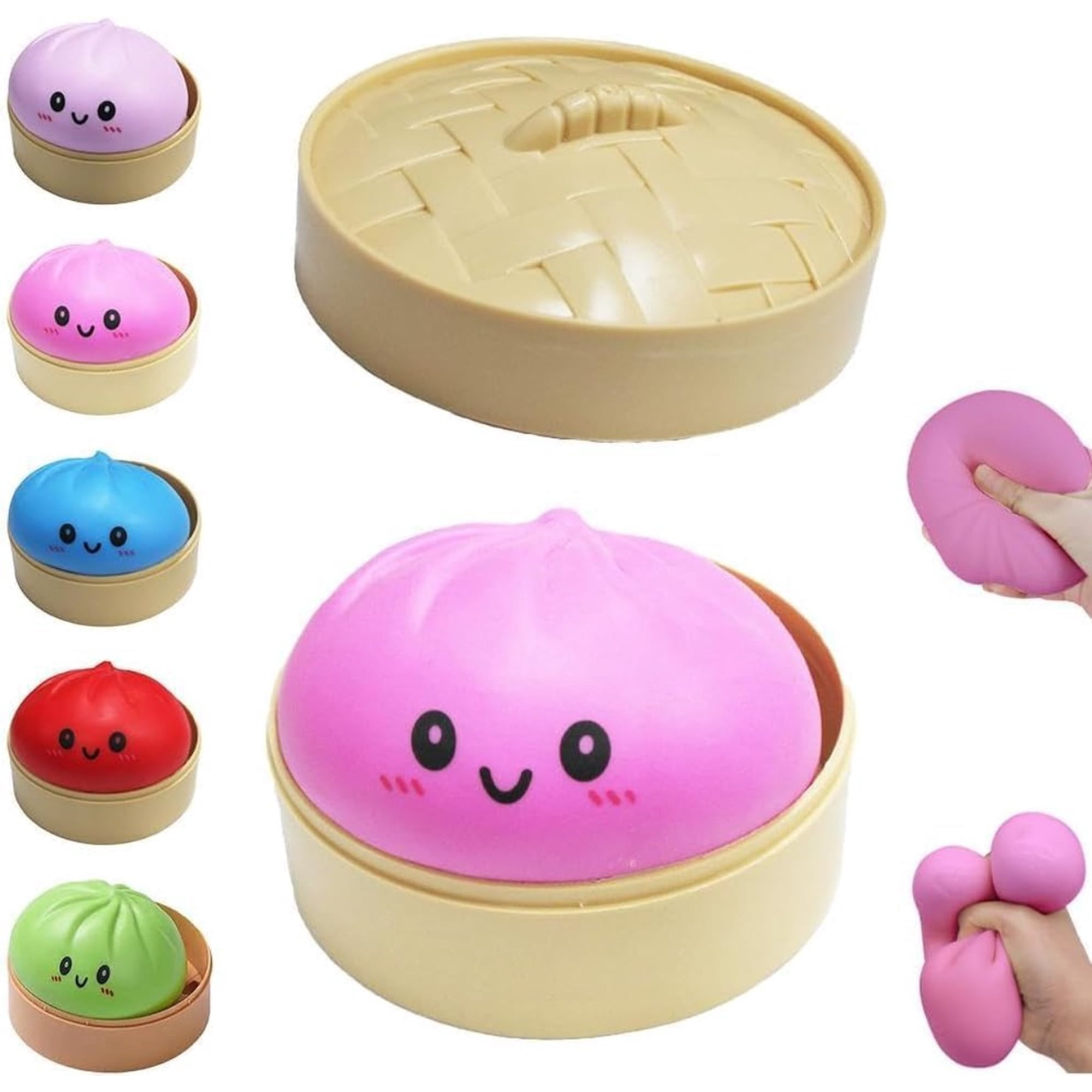 Pink dumpling squishy mystery box with steamer stretchy desk toy, Easter basket stuffer stress ball.