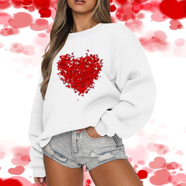 Sentmoon Sweat-Shirt Décontracté Sans Capuche à Imprimé Cœur pour Femmes, Grande Taille Manches Longues Col Rond Pulls d'Automne Offres du Jour Liquidation