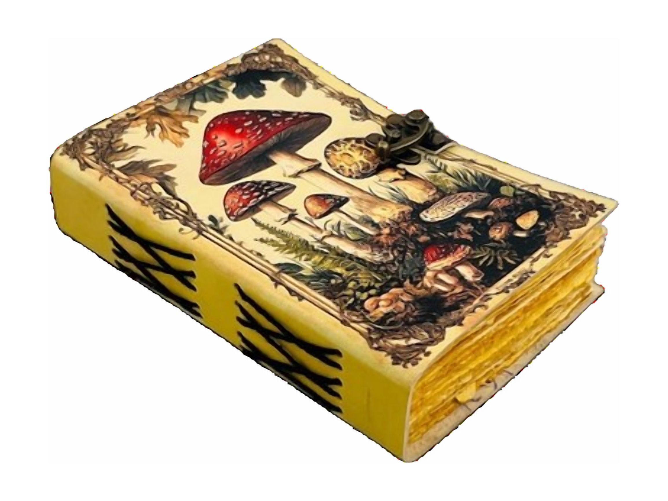 Vintage Mushroom Leather Journal, 5x7 Inch Handmade Notebook with Amanita Artwork, 200 Eco-Friendly Handmade Paper Pages, Antique Locking Diary for Writing & Sketching