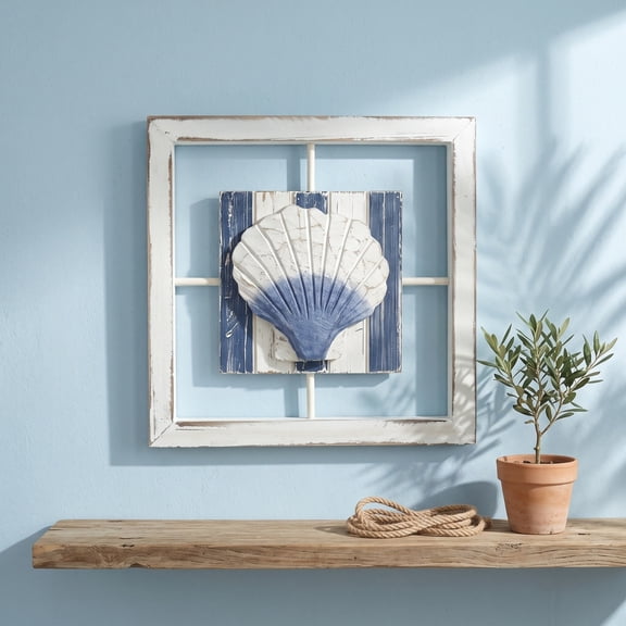 Fmbmuo Nautical Style Mediterranean Style Wooden Sea Star and Shells Wall Hanging Decorations Seaside Homestay Background Wall Hanging Art,Blue
