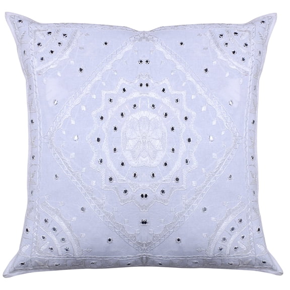Stylo Culture Ethnic Cotton Living Room Large Throw Pillow Cover White 24x24 Traditional Embroidered Mirrored Sofa Cushion Cover 60 x 60 cm Home Decor Bohemian Square Pillow Case | 1 Pc