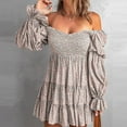thumbnail image 2 of BLVB Womens Summer Fall Dresses Elegant Off The Shoulder V Neck Long Sleeve Ruffle Flowy Mini Skater Dresses, 2 of 4