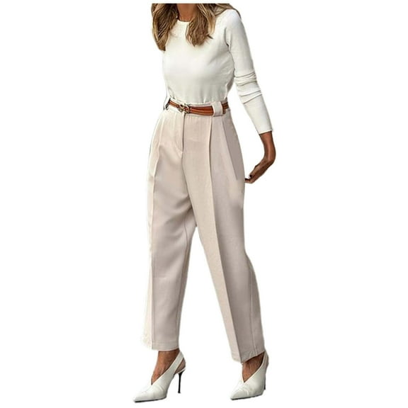 Riforla Elegant Women's Solid Color High Waist Ankle Length Straight Leg Dress Pants for Office Wear Summer Pants for Women 2024 White S