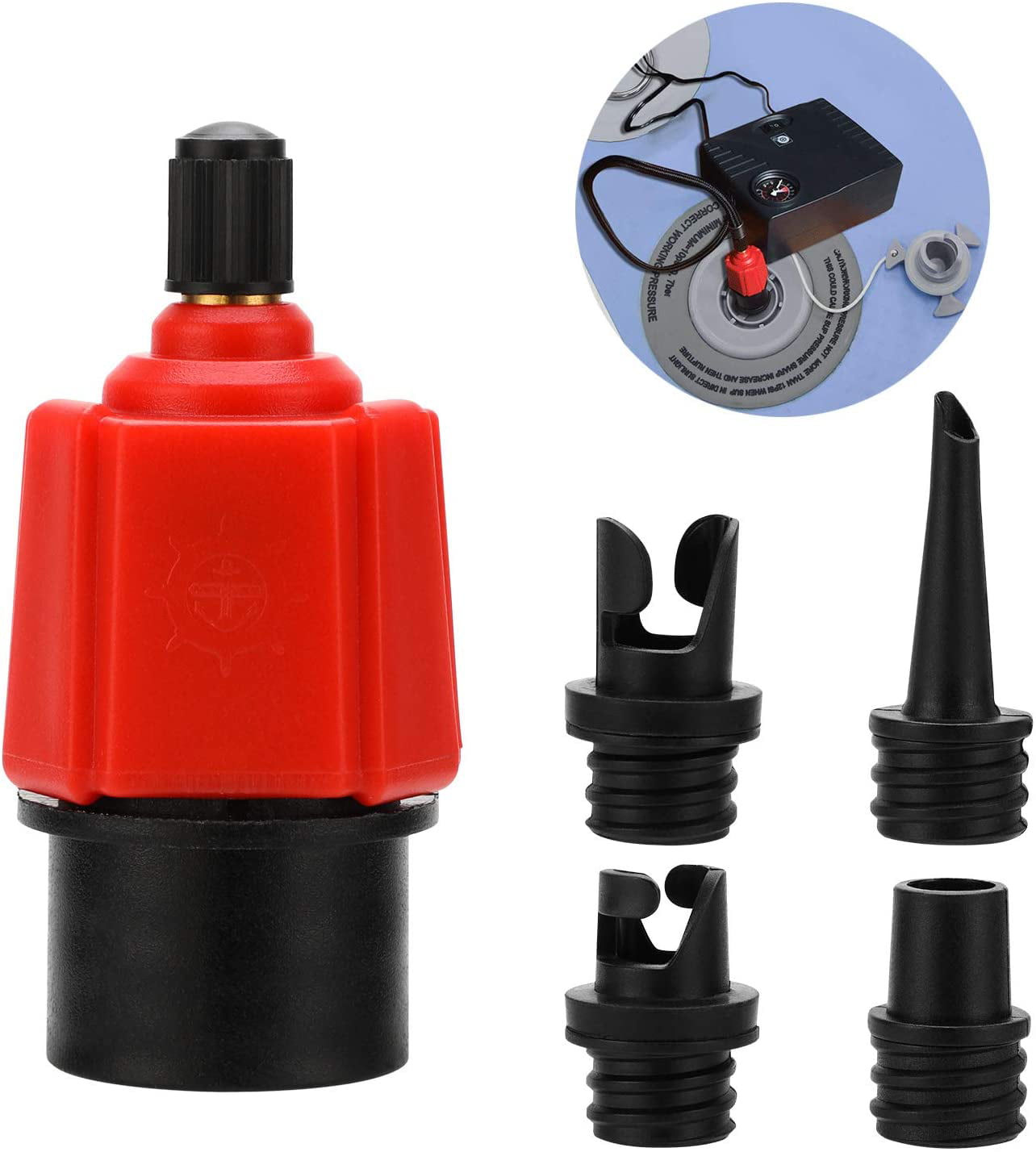 Inflatable SUP Pump Adaptor Air Compressor Valve Converter Multifunction SUP Valve Bike Pump Adapter w/ 4 Air Valve Nozzles for Inflatable Boat Stand Up Paddle Board Inflatable Bed