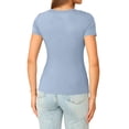 thumbnail image 3 of Women Short Sleeve T-Shirt Summer Casual V Neck Shirts Ribbed Knit Slim Fit Top, Light Blue M, 3 of 4
