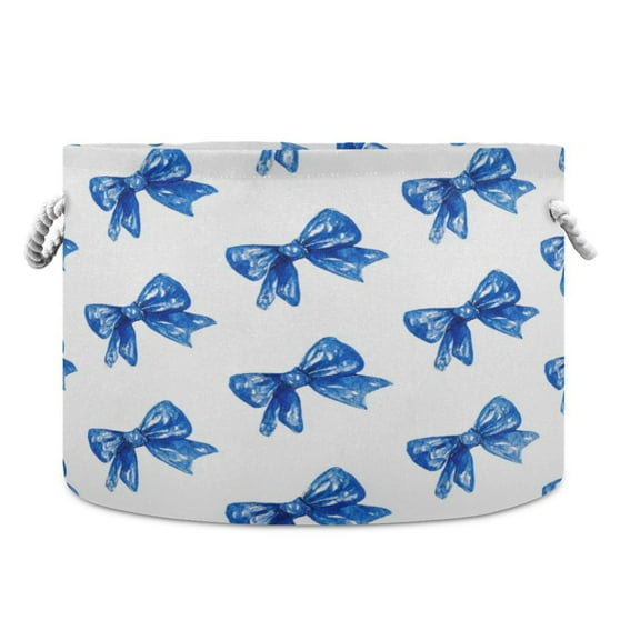 Collapsible 20" Round Storage Basket with Handles Laundry Hamper Open Storage Bins Blue Bows Pattern
