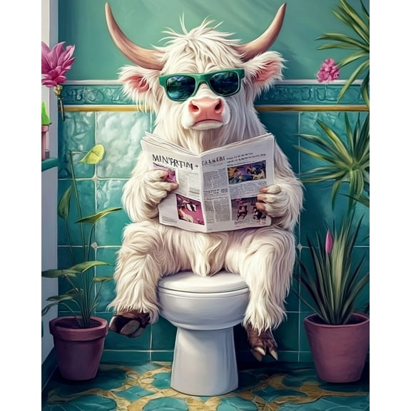 Paint by Number for Adult Kit-Cow sitting on toilet and reading newspaper, DIY Acrylic Paint by Numbers for Adults Beginner Oil Painting by Number on Canvas for Home Wall Decor 16x20inch-