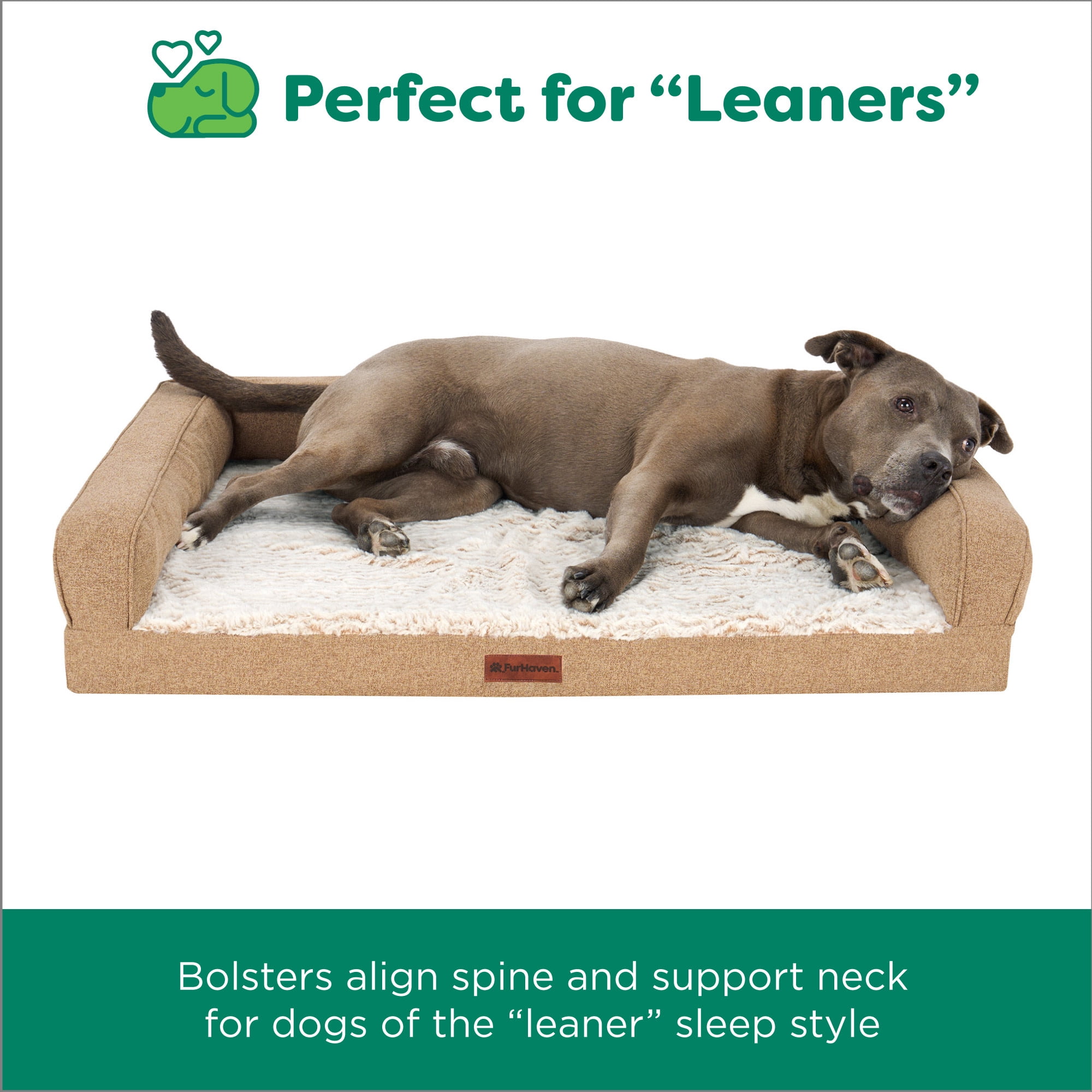 FurHaven Large (27"x36") Cooling Gel Dog Bed – Birch Faux Fur & Soft Faux Linen Modern Sofa Pet Bed, Orthopedic Foam, Removable Washable Cover, Nutmeg