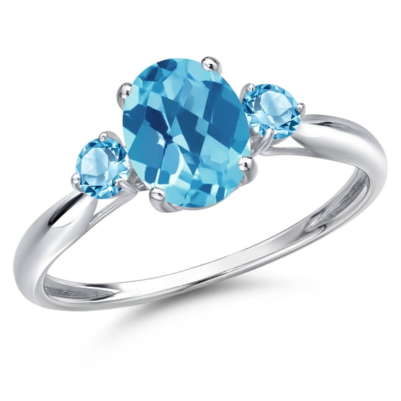 Gem Stone King 10K White Gold Swiss Blue Topaz 3-Stone Ring for Women | 1.60 Cttw | Oval Checkerboard 8X6MM | Gemstone November Birthstone | Size 8