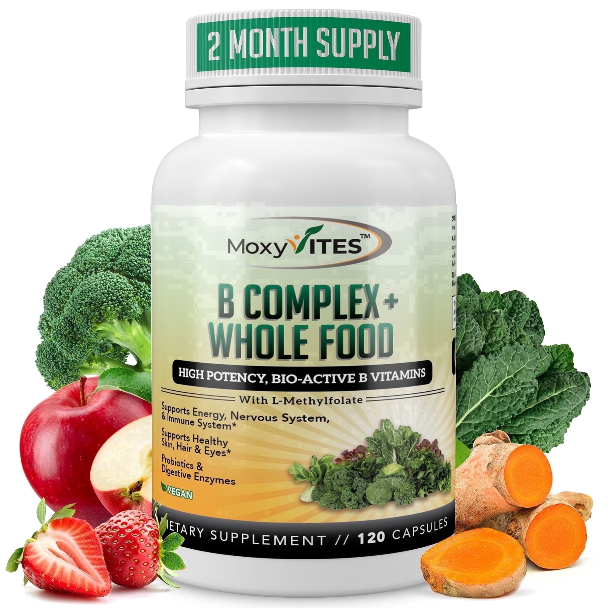 MoxyVites Methylated B Complex Vitamin, Probiotics & Organic Whole Foods, 120 Capsules