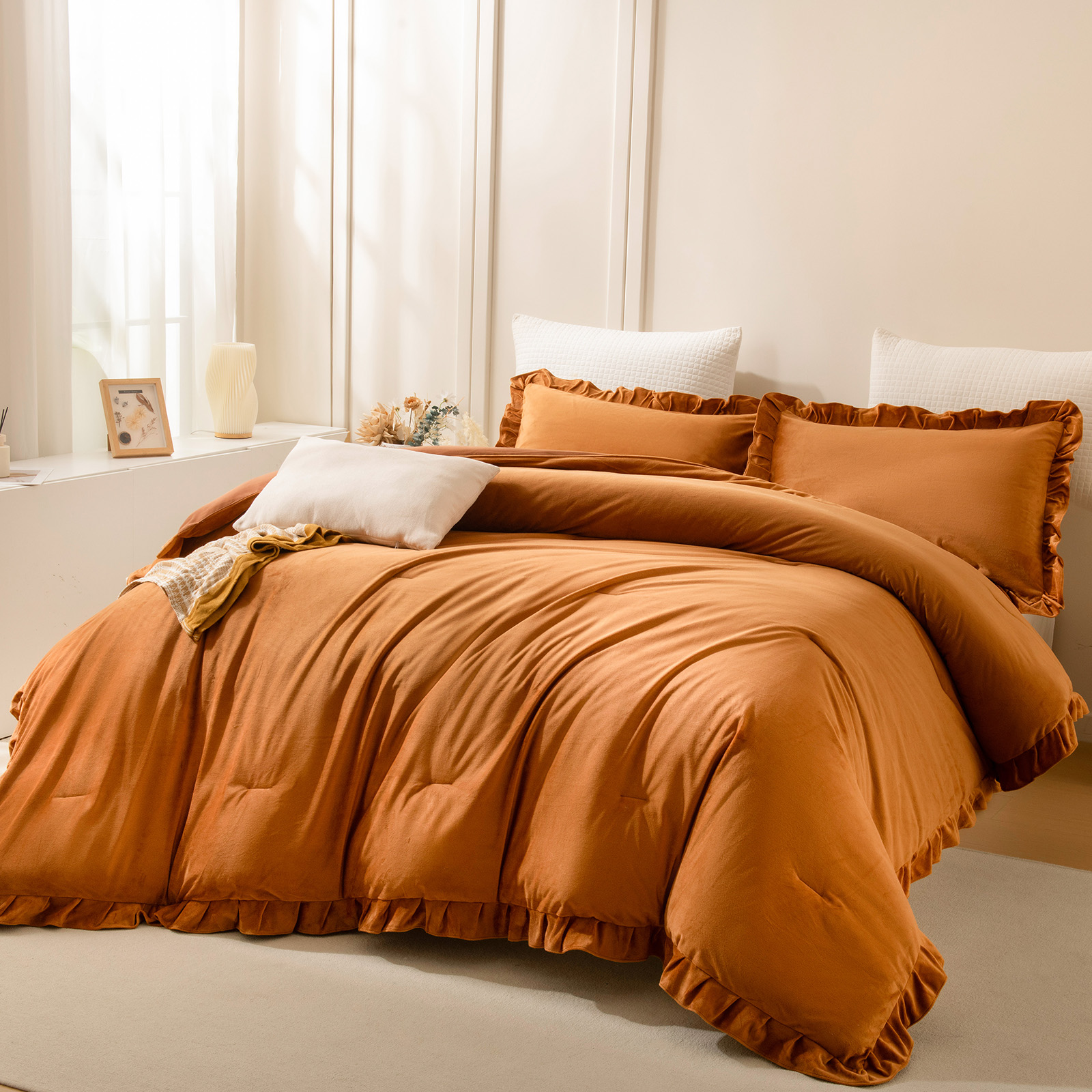 Caramel Velvet Comforter Set King, Ruffled Fluffy Plush Bedding with Pillowcases, All-Season Cozy Luxury Bed Set for Women & Girls