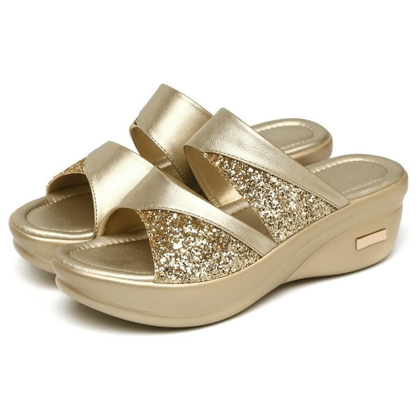 Meterk Women Summer Wear Thick Bottom Platform Wedge Heels Shoes Ladies Fish Mouth Sandals Slippers (Gold 38) Other