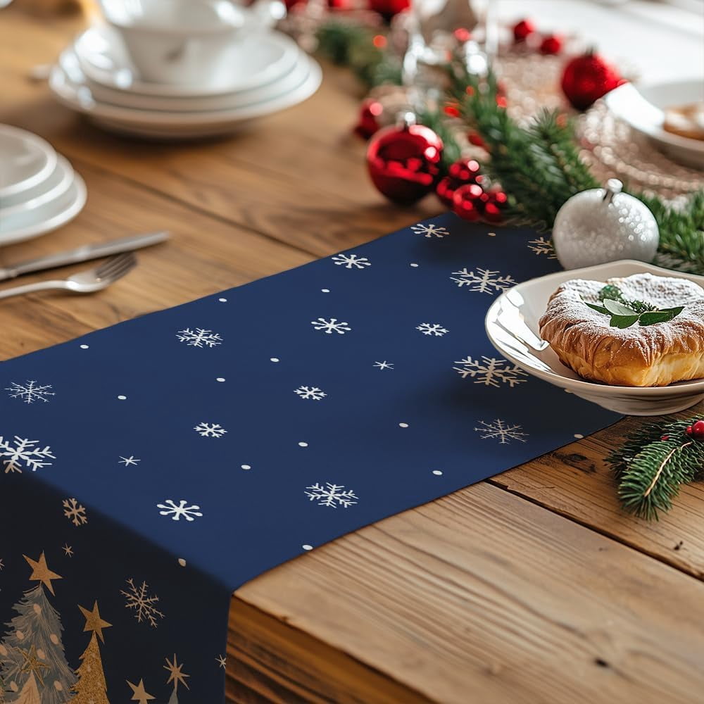 Christmas Table Runner 13x72 Inch, Xmas Trees Snowflakes Holiday Decorative Farmhouse Table Decoration for Kitchen Dinning, Indoor Outdoor Dinner Party Decor