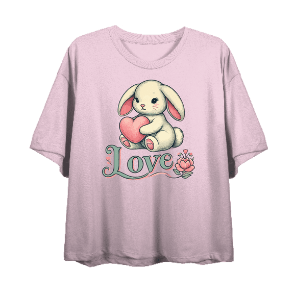 Bunny Love Women's Pink Crew Neck Short Sleeve Crop Tee-Medium