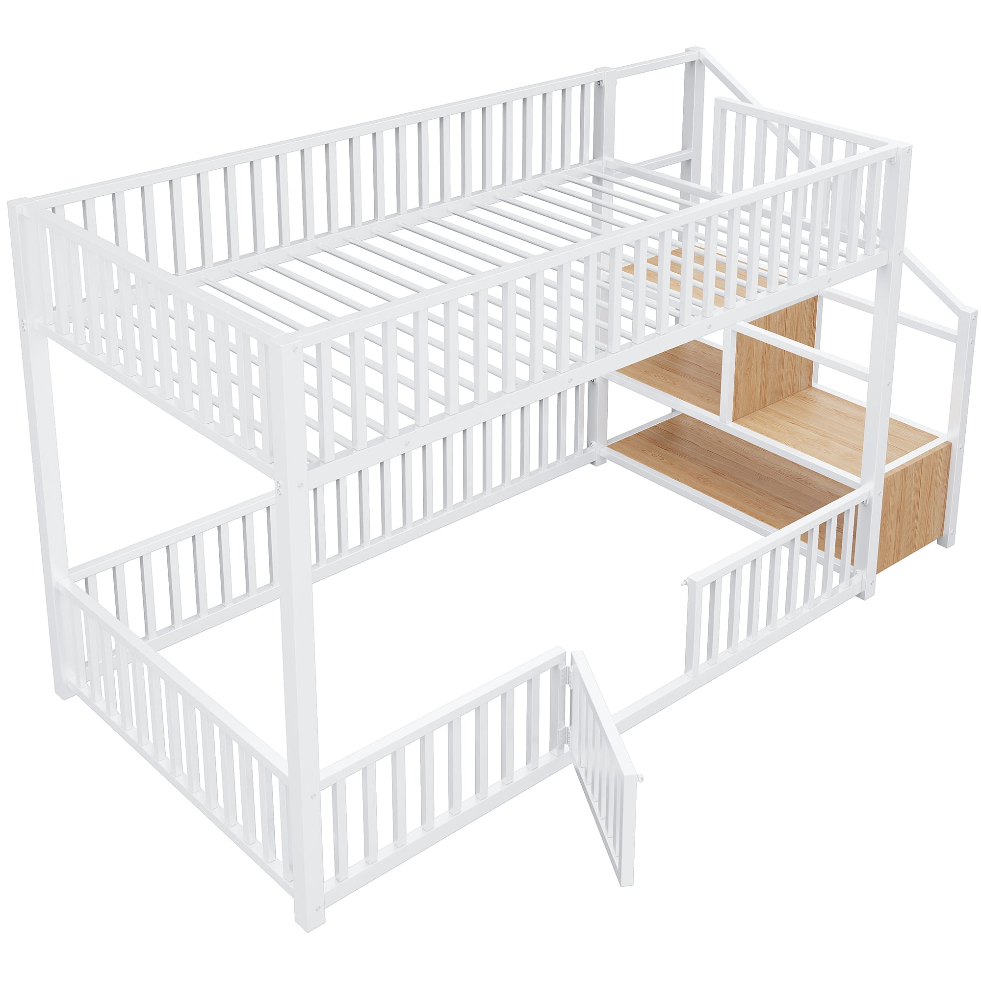 Euroco Metal Twin over Twin Bunk Bed with Staircase and Guardrails, White