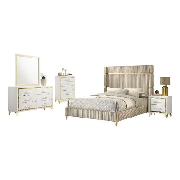 Jenny 5pc Queen Bedroom Set- Textured Beige Wood and Gold Metal Accent