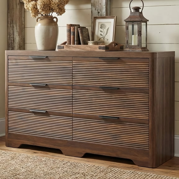 FUSUNBAO 6 Drawer Dresser, Modern Dressers with Storage, Large Drawer Organizer for Bedroom, Living Room,Walnut