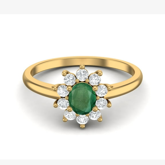 0.45 Cts Oval Emerald 925 Sterling Silver Gold Vermeil Solitaire Halo Engagement Women Mother's Day Gift Ring