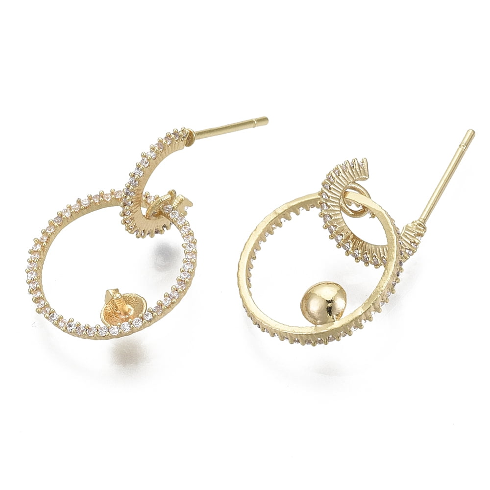 Brass Micro Pave Cubic Zirconia Stud Earring Findings for Half Drilled Beads Ring Shape Real 18K Gold Plated Clear 25mm Pin: 0.7mm