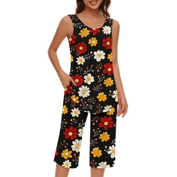 Conjunto de Ropa de Estar de Mujer Cuello Redondo Impresión Blusa sin Mangas Pantalones Cortos, Pantalones de Cintura Elástica para las Mujeres
