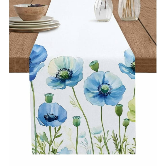Table Runner Blue Poppy Table Decoration for Kitchen Dinning Spring Flowers Table Decoration for Indoor Outdoor Party Wedding Decor 13x72 Inch