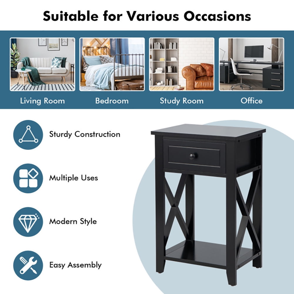 Finihen End Table, Storage End Bedside Drawer Nightstand w/ Bottom Shelf, Sofa Side Table, Bed Side Table, for Living Room, Bedroom, Black Finihen End Table, Storage End Bedside Drawer Nightstand w/ Bottom Shelf, Sofa Side Table, Bed Side Table, for Living Room, Bedroom, Black