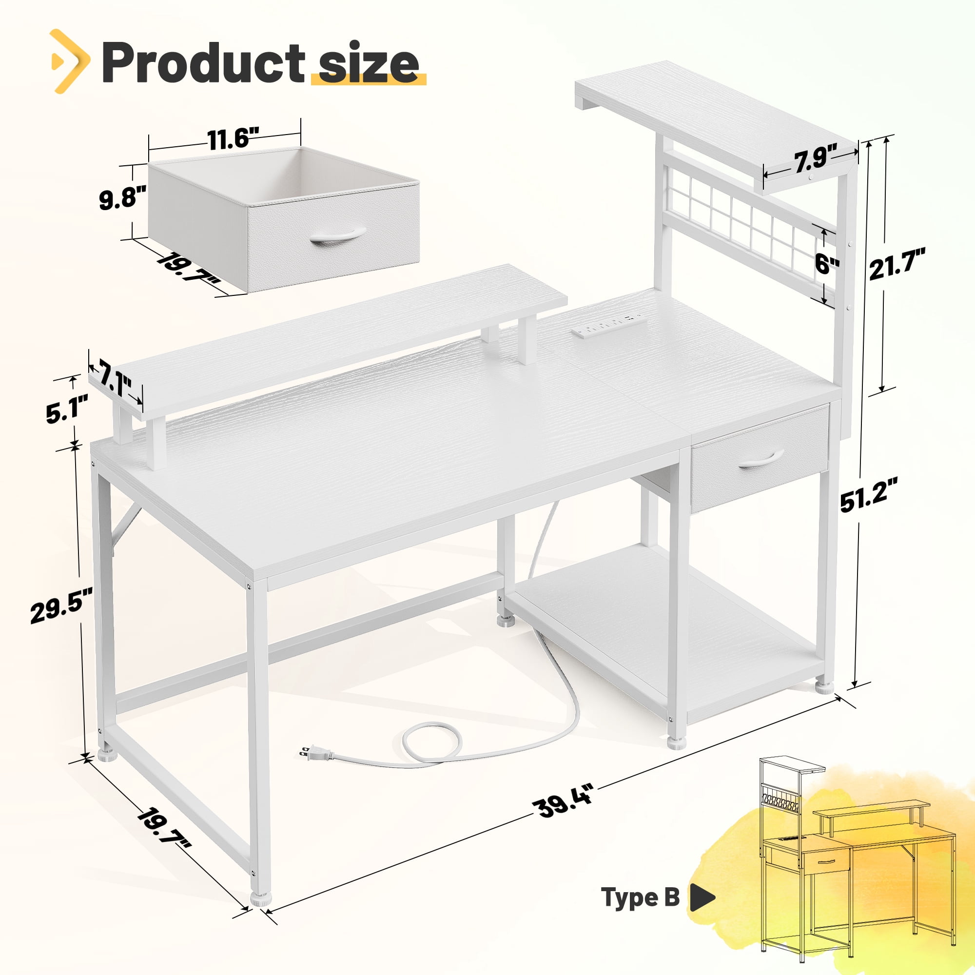 EnHomee 39.4" W Gaming Desk with LED Light Coner Desk with Drawers PC Desk with Reversible Shelves, White