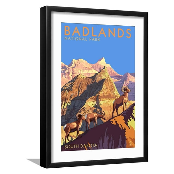 Art.com Badlands National Park, South Dakota - Bighorn Sheep Art Print by Lantern Press, Black Frame Wall Art, 17" x 23"