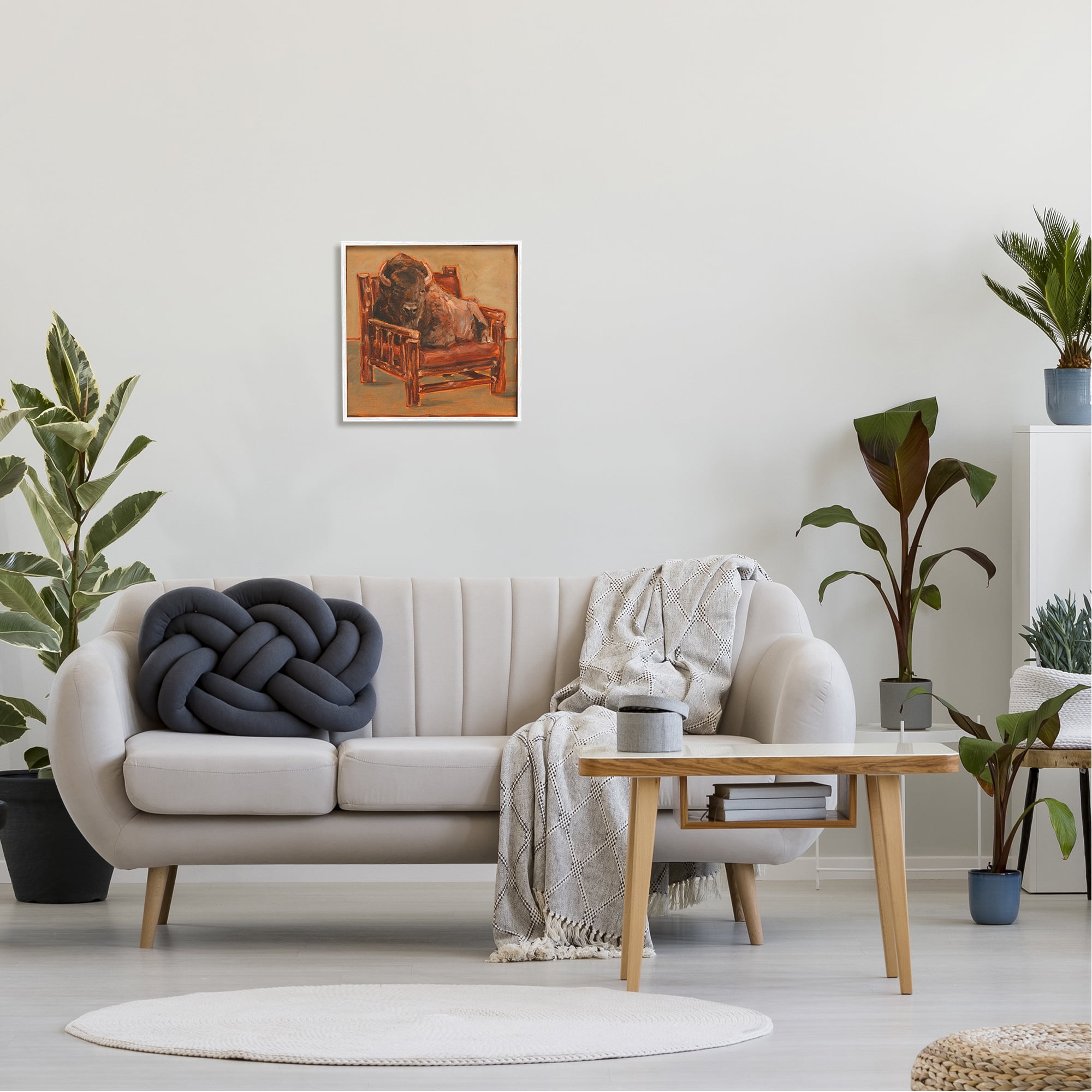 Stupell Industries Bison Lounging in Chair Animals & Insects Painting White Framed Art Print Wall Art, 17 x 17
