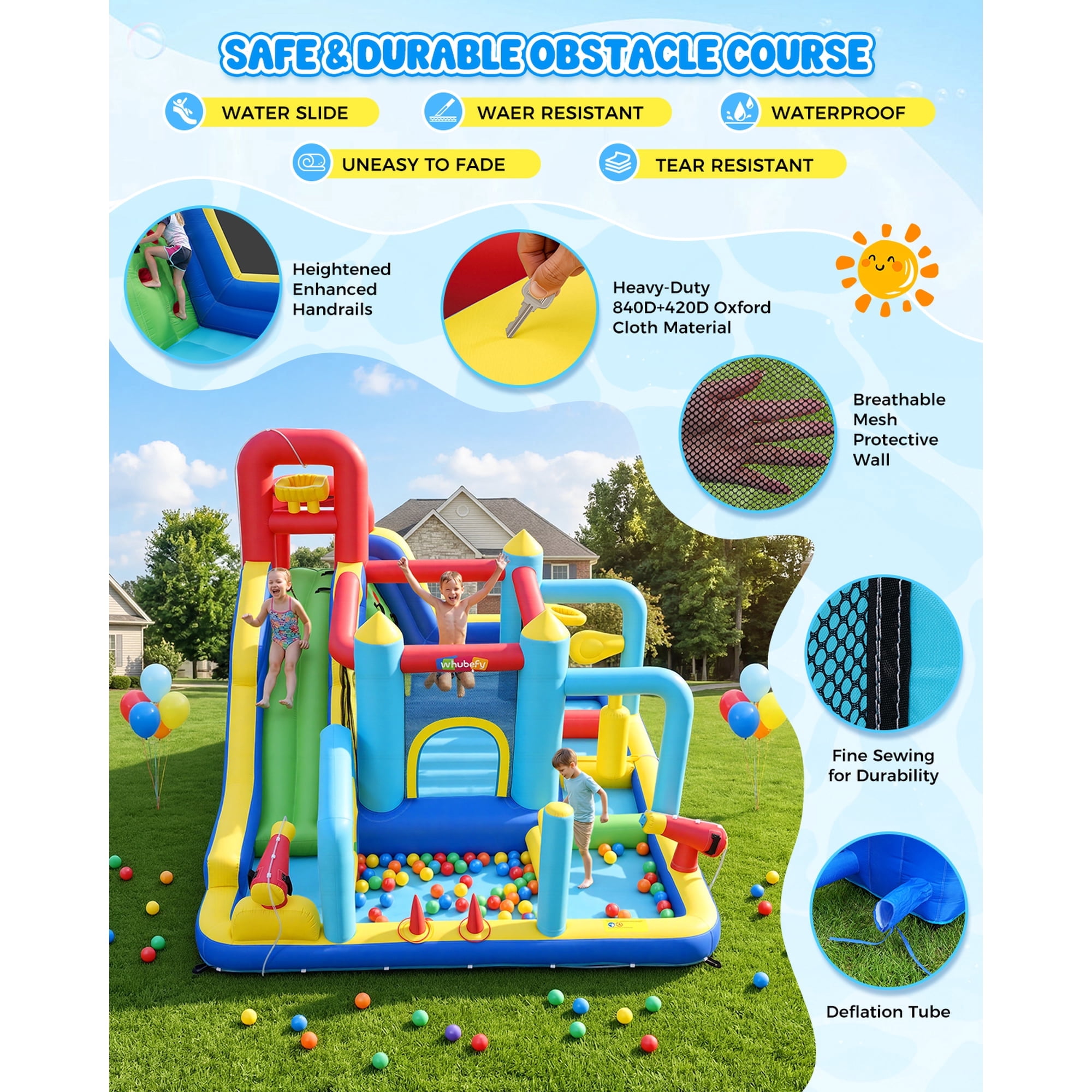 Inflatable Water Slide Bounce House with 550W Blower, Obstacle Bouncy House for kids 3~10, Indoor Outdoor Water Park with Long Water Slide, Junping Area, Water Cannon, Basketball Hoop