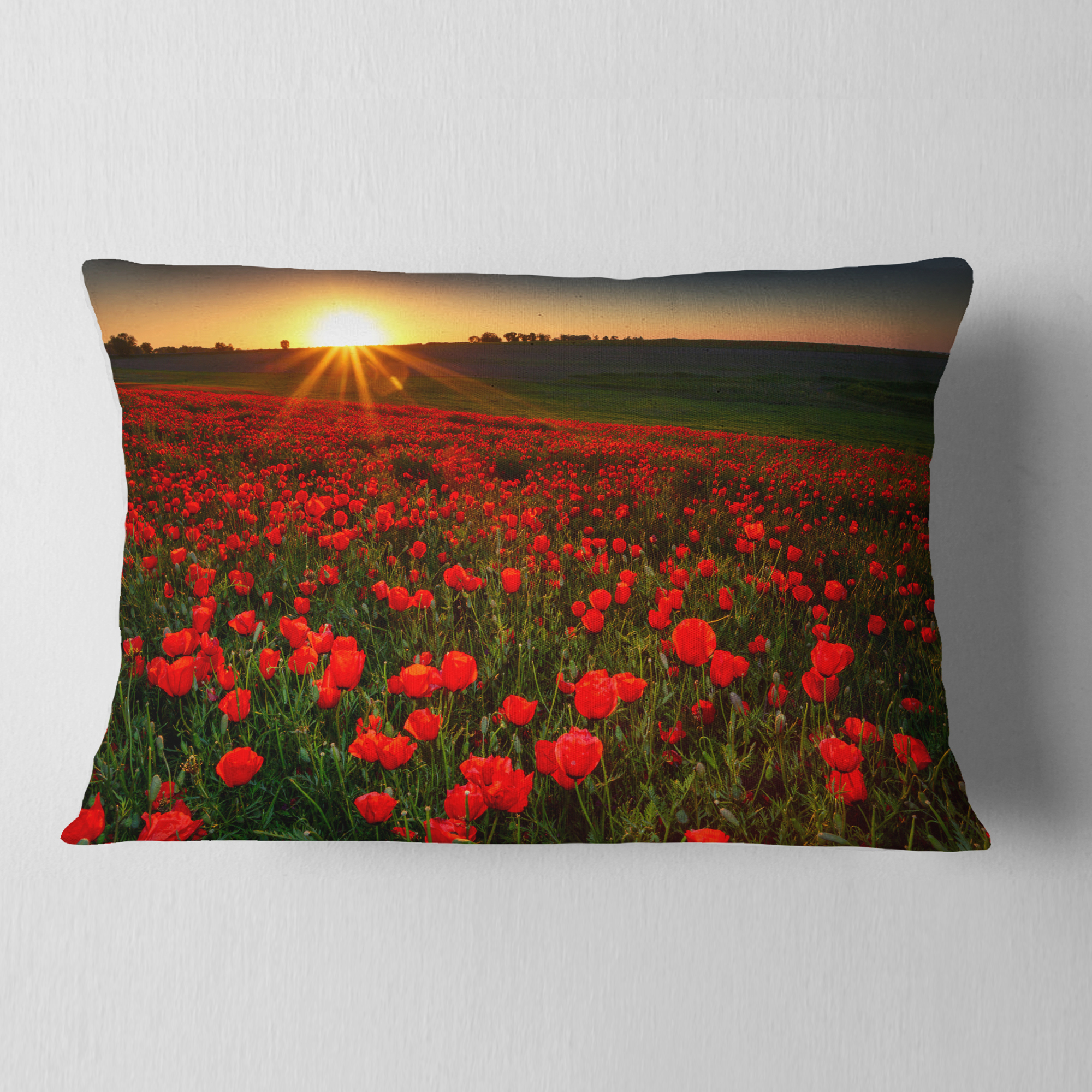 Designart Sunset over Garden with Red Poppies - Floral Throw Pillow - 12x20